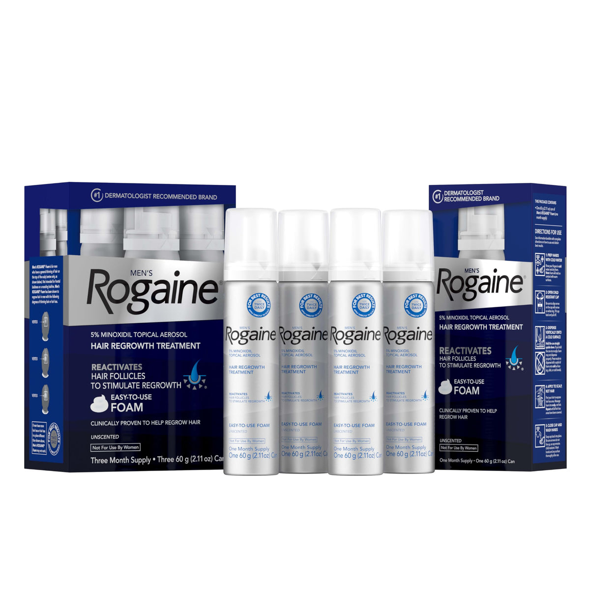 Rogaine front packaging showing four unscented cans and clear supply benefit