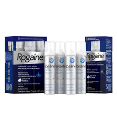 Rogaine front packaging showing four unscented cans and clear supply benefit