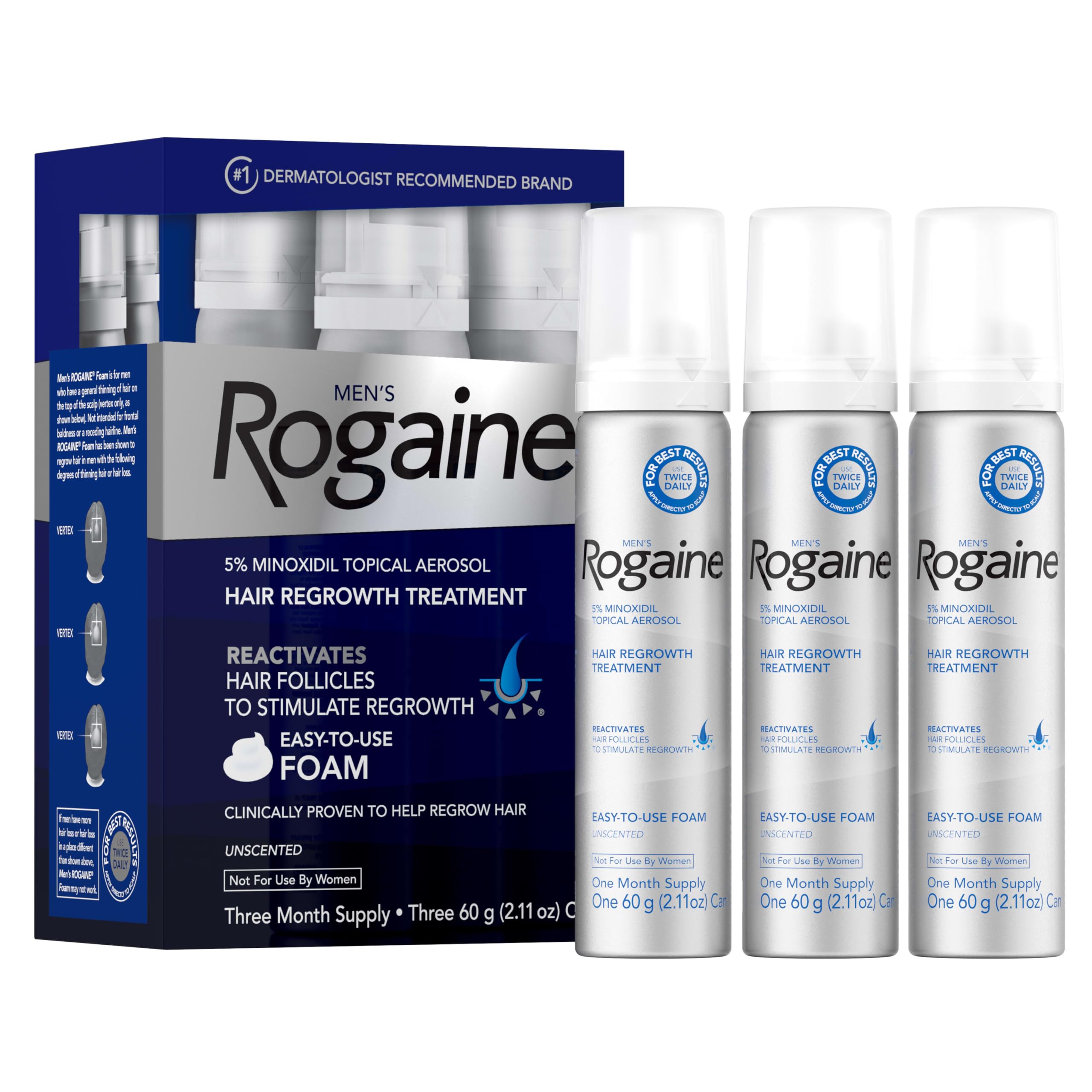 Rogaine Men’s foam half-capful dispense for easy daily application on thinning crown.