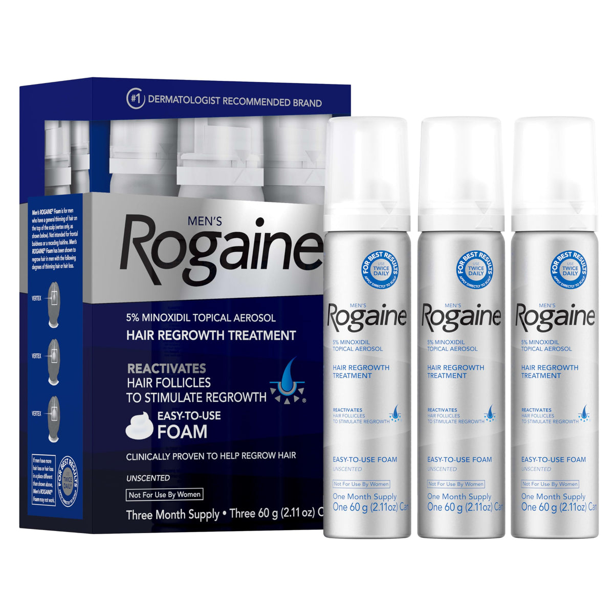 Rogaine Men’s foam half-capful dispense for easy daily application on thinning crown.