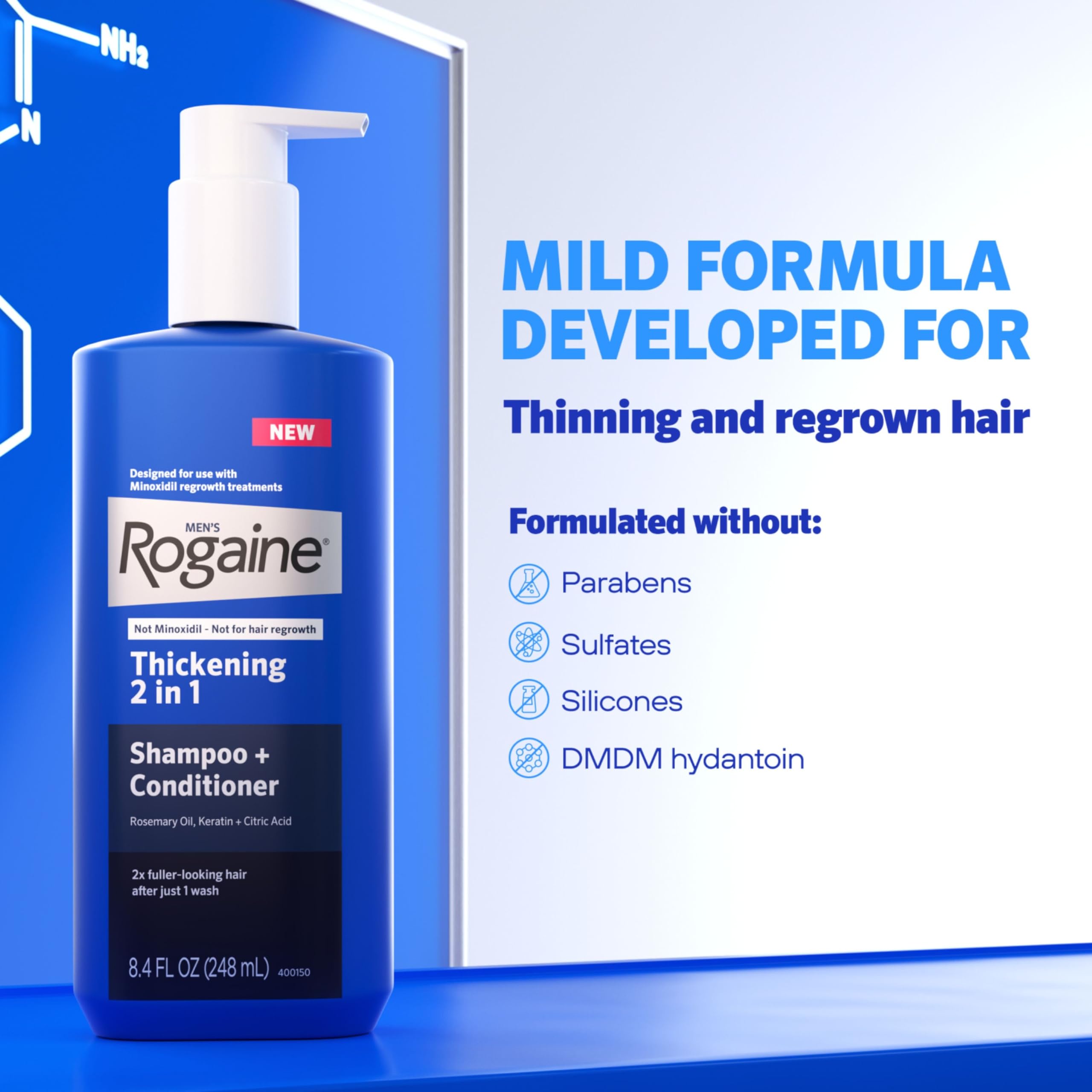 Rogaine displayed in bathroom setting to show daily grooming routine support