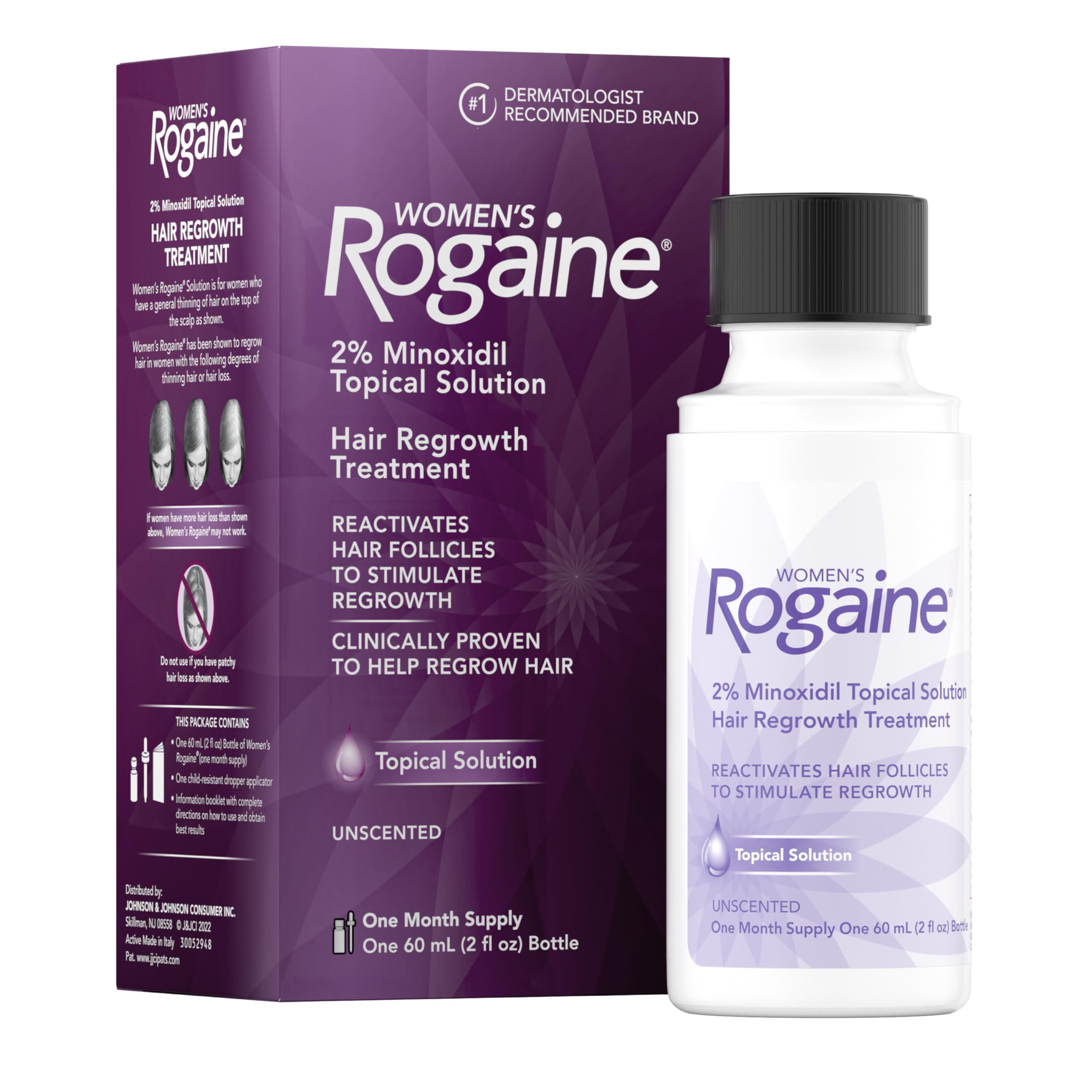 Rogaine front packaging showing bottle and unscented benefit