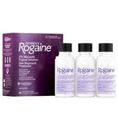 Rogaine front packaging showing three-bottle supply and clear instructions for use