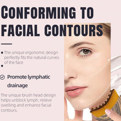 ROKATY Lymphatic Contour Brush demonstrates facial sculpting near jawline with lift.