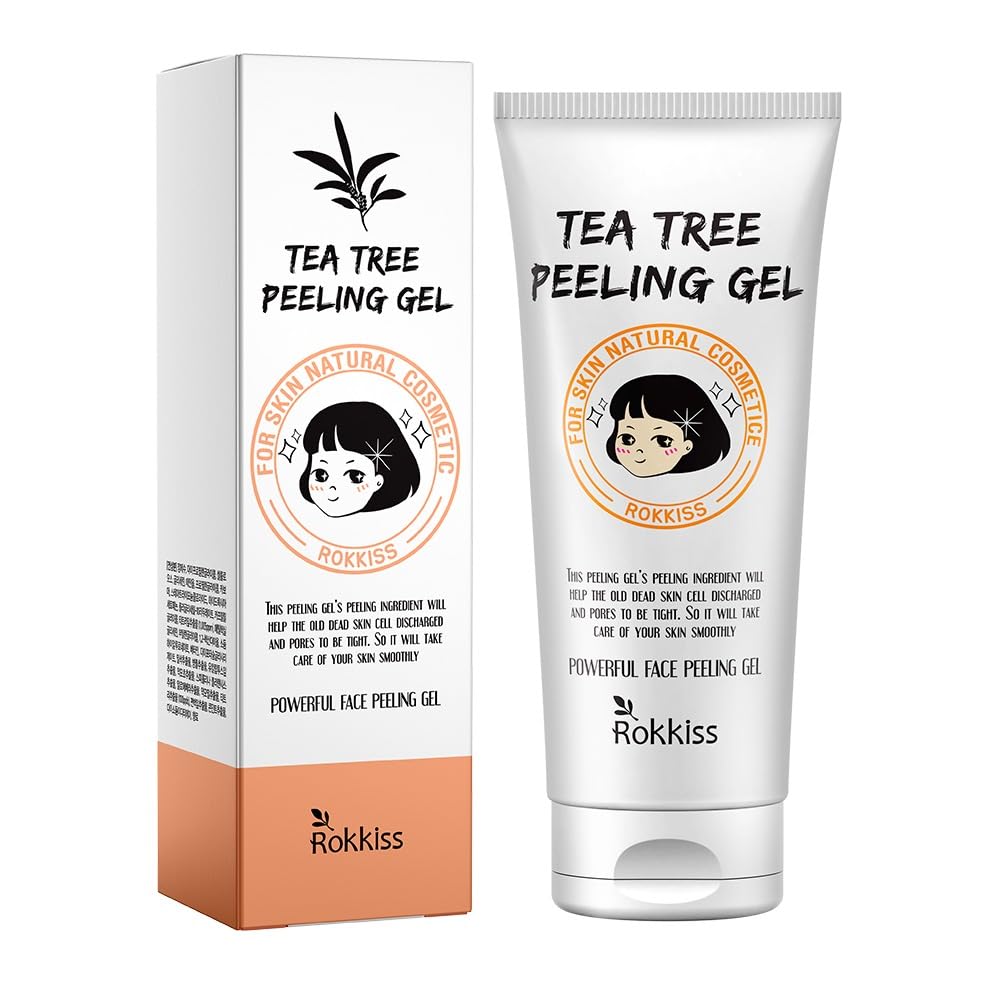 ROKKISS Tea Tree Peeling Gel bottle promotes gentle exfoliation for smoother skin.