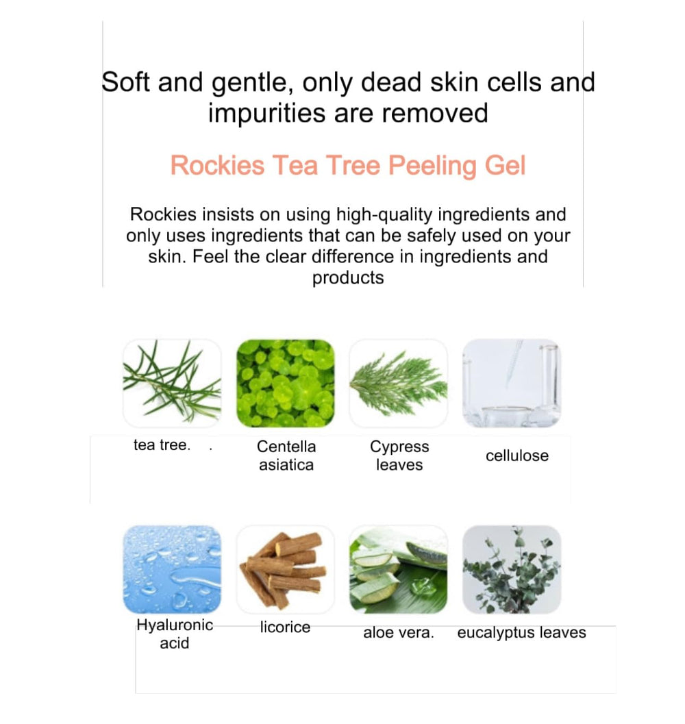 ROKKISS Tea Tree Peeling Gel application scene demonstrates gentle massage technique.