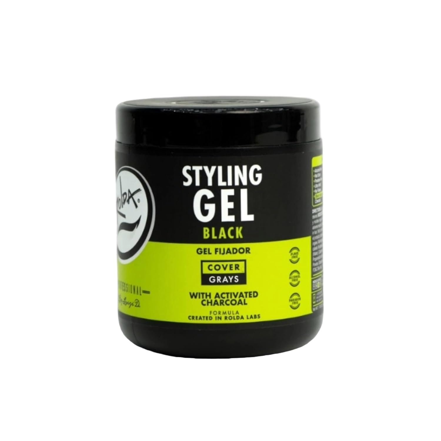 Rolda Black Styling Gel bottle shows all-day hold for a sleek slicked-back look