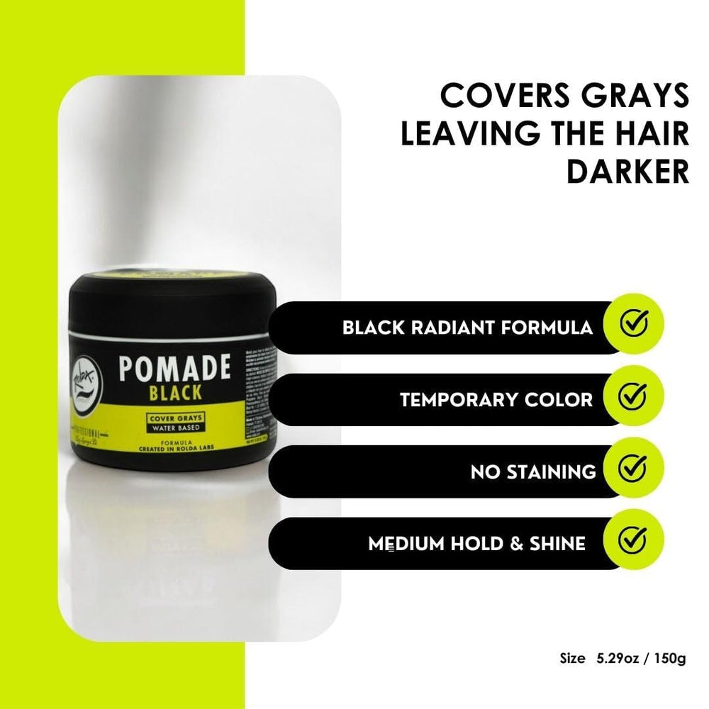 Rolda Black Pomade gloss level on styled hair suggests balanced shine.