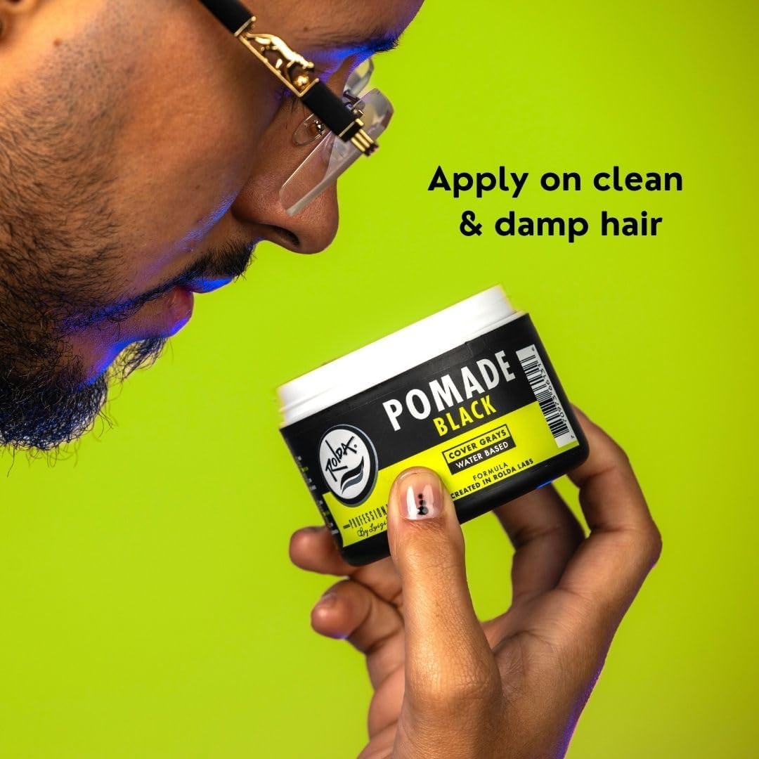 Rolda Black Pomade jar back shows ingredients and alcohol-free, non-greasy formula.