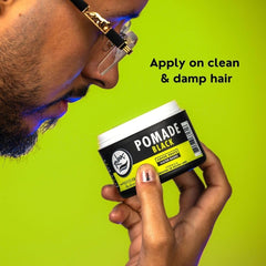 Rolda Black Pomade jar back shows ingredients and alcohol-free, non-greasy formula.