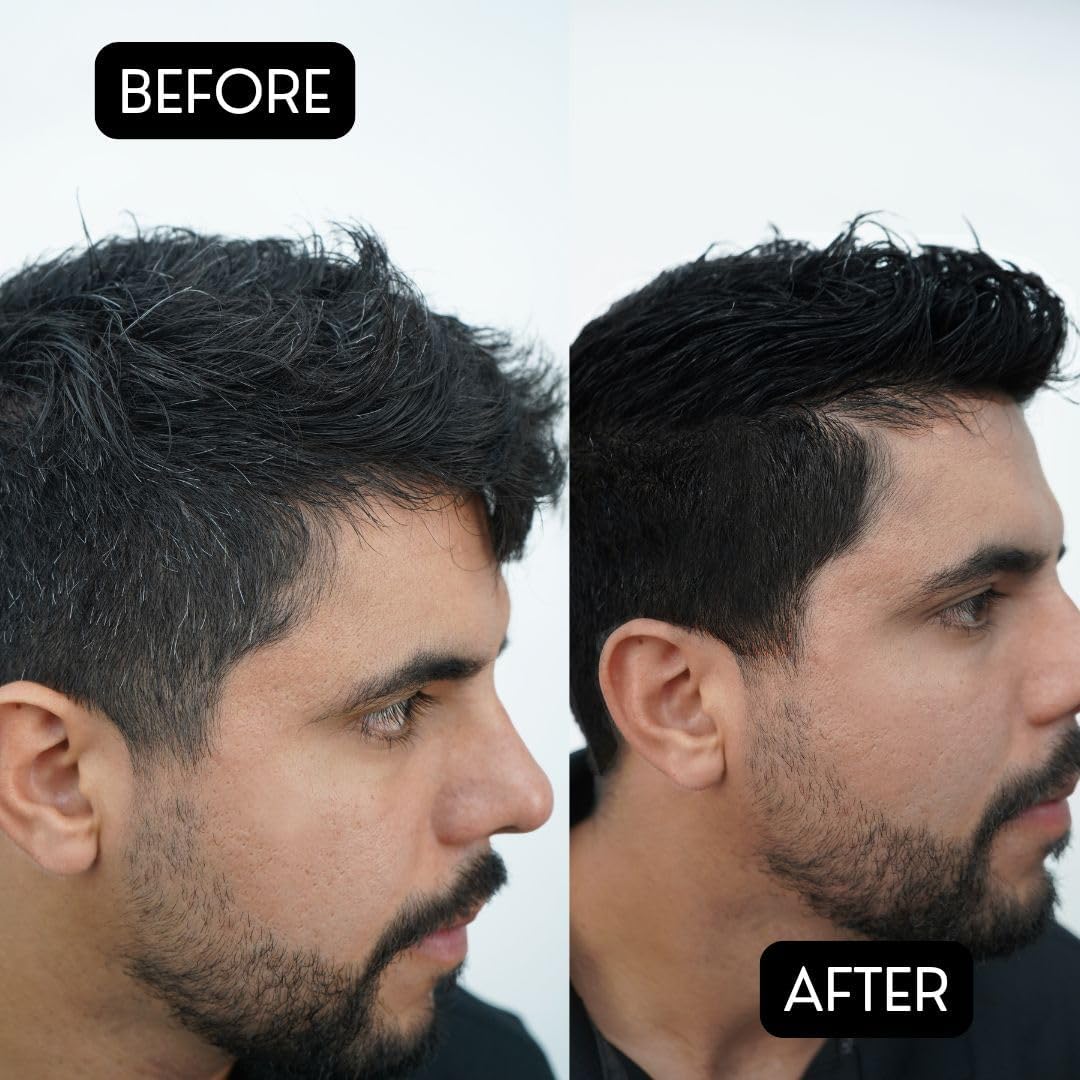 Rolda Black Pomade label close-up emphasizes Black Radiant coverage for gray hair.