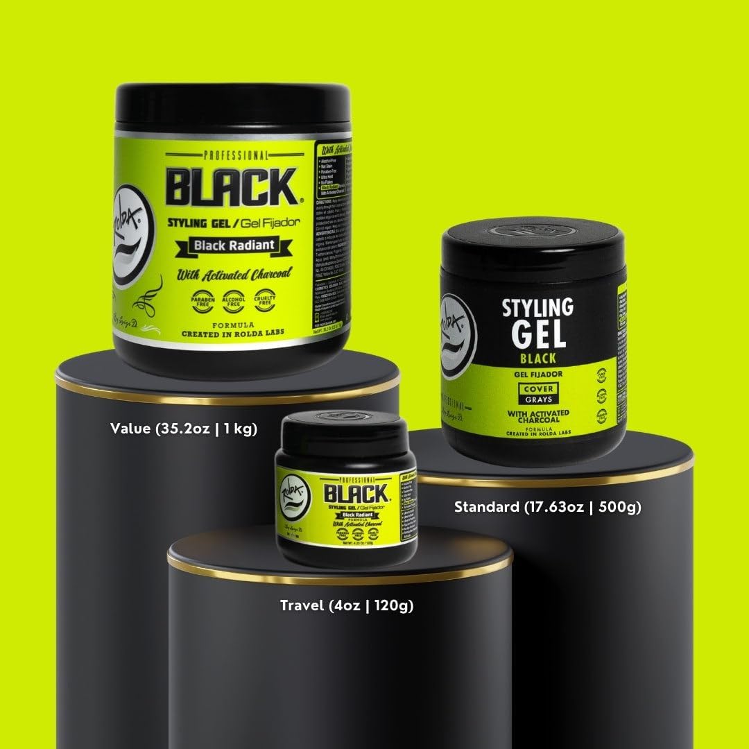 Rolda Black Styling Hair Gel activated charcoal visual emphasizes nourishment and moisture.