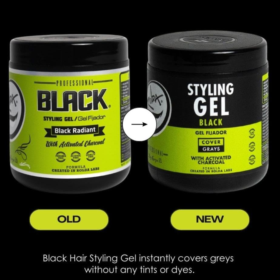 Rolda Black Styling Hair Gel application close-up shows medium shine on dark hair.