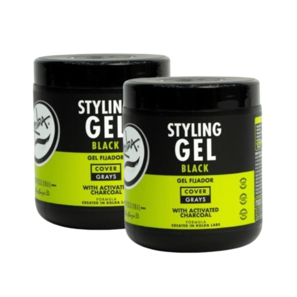 Rolda Black Styling Gel bottle front shows bold hold for dark hair.