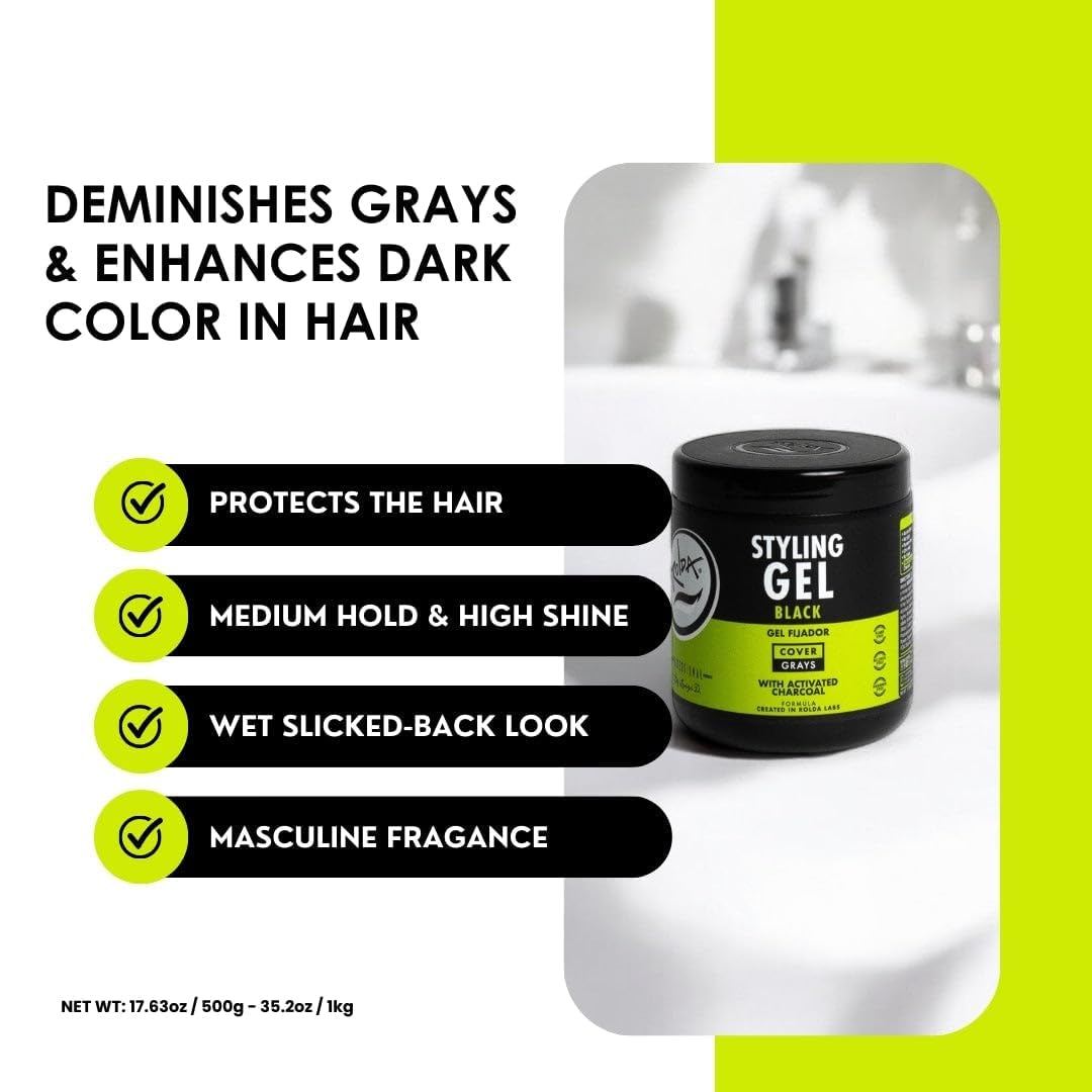 Rolda Black Styling Hair Gel gray hair coverage demonstrates temporary color tint.