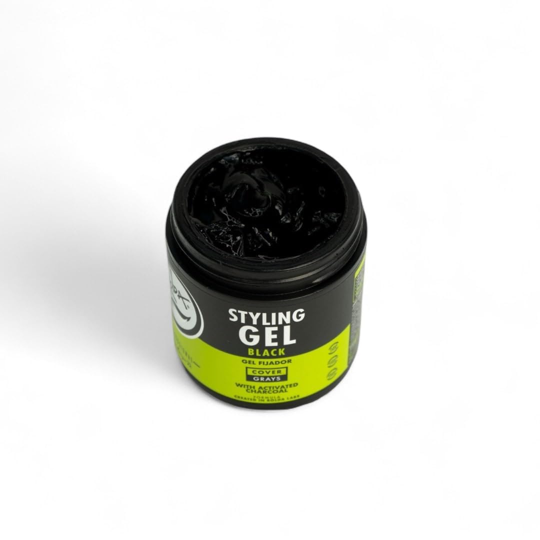 Rolda Black Styling Hair Gel perspective bottle shows sleek, controlled finish for dark hair.
