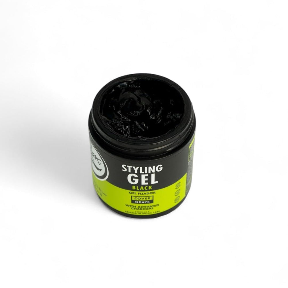 Rolda Black Styling Hair Gel perspective bottle shows sleek, controlled finish for dark hair.