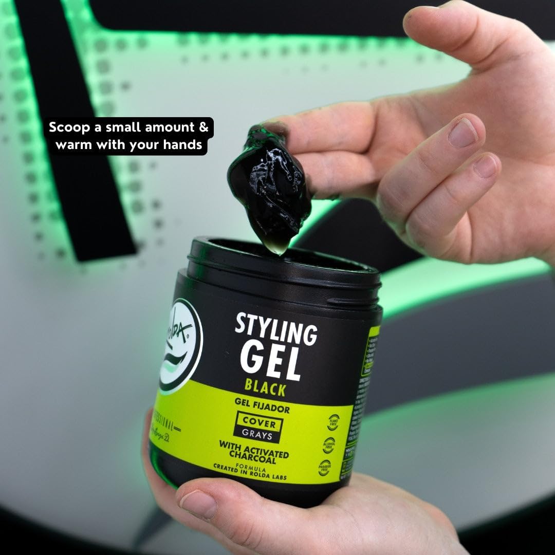 Rolda Black Styling Hair Gel slicked-back look demonstrates all-day hold.