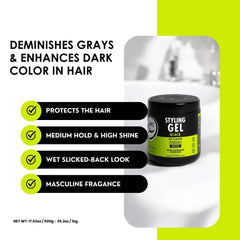 Rolda Black Styling Gel bottle demonstrates wet slicked-back look with medium shine.