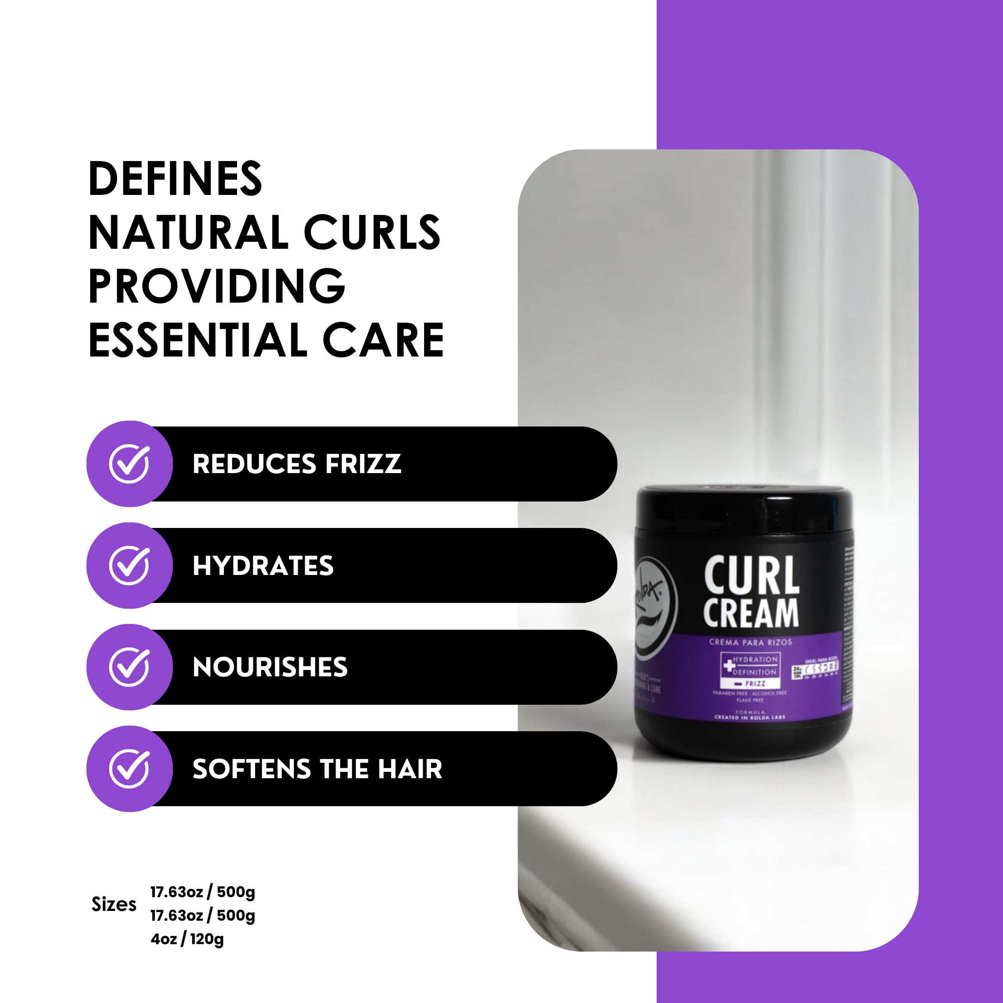 Rolda Curl Cream label close-up highlighting size and value.
