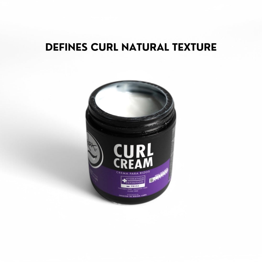 Rolda Curl Cream tub lid open with scoop for easy application.