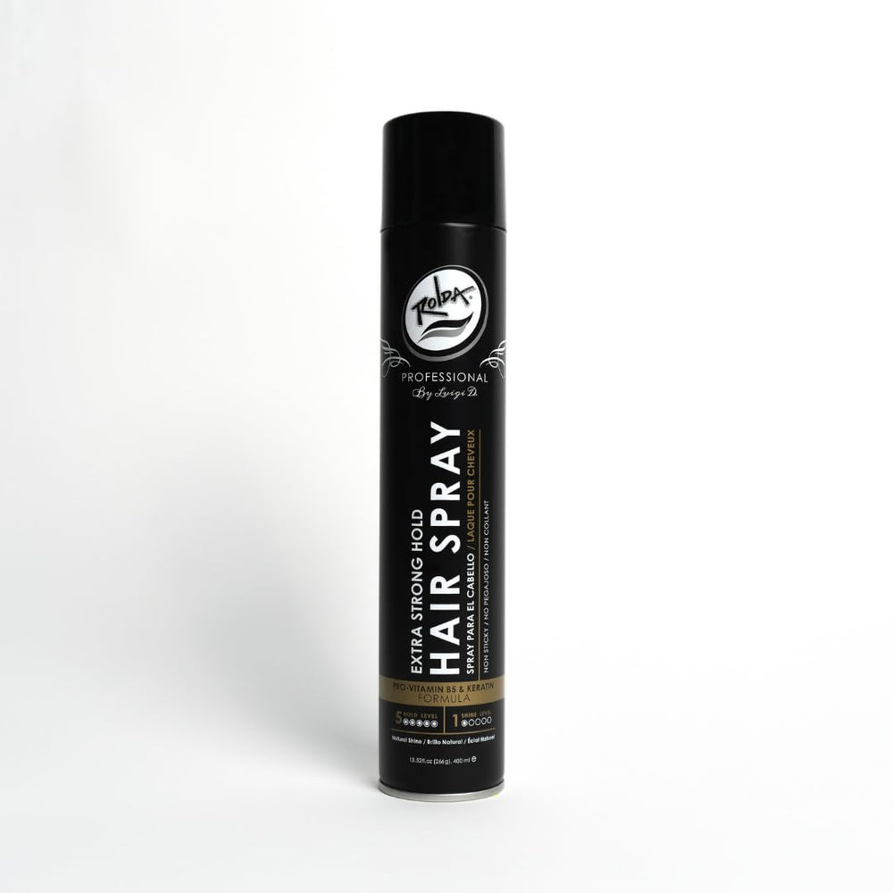 Rolda extra-strong-hold-hair-spray bottle close-up for all-day hold.