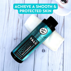 Rolda barber talc application scene illustrating smooth application and itch relief potential