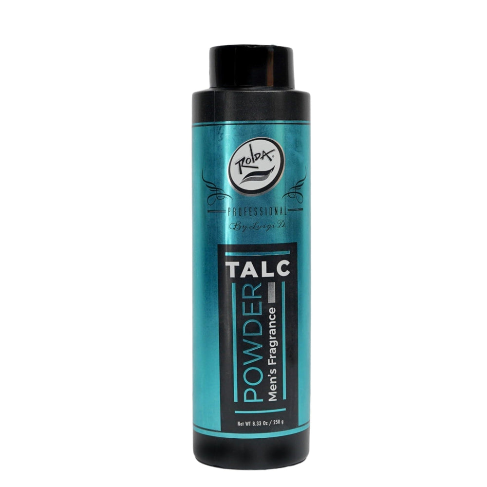 Rolda Men's Barber Talc Powder bottle close-up highlighting absorbent texture for post-shave freshness
