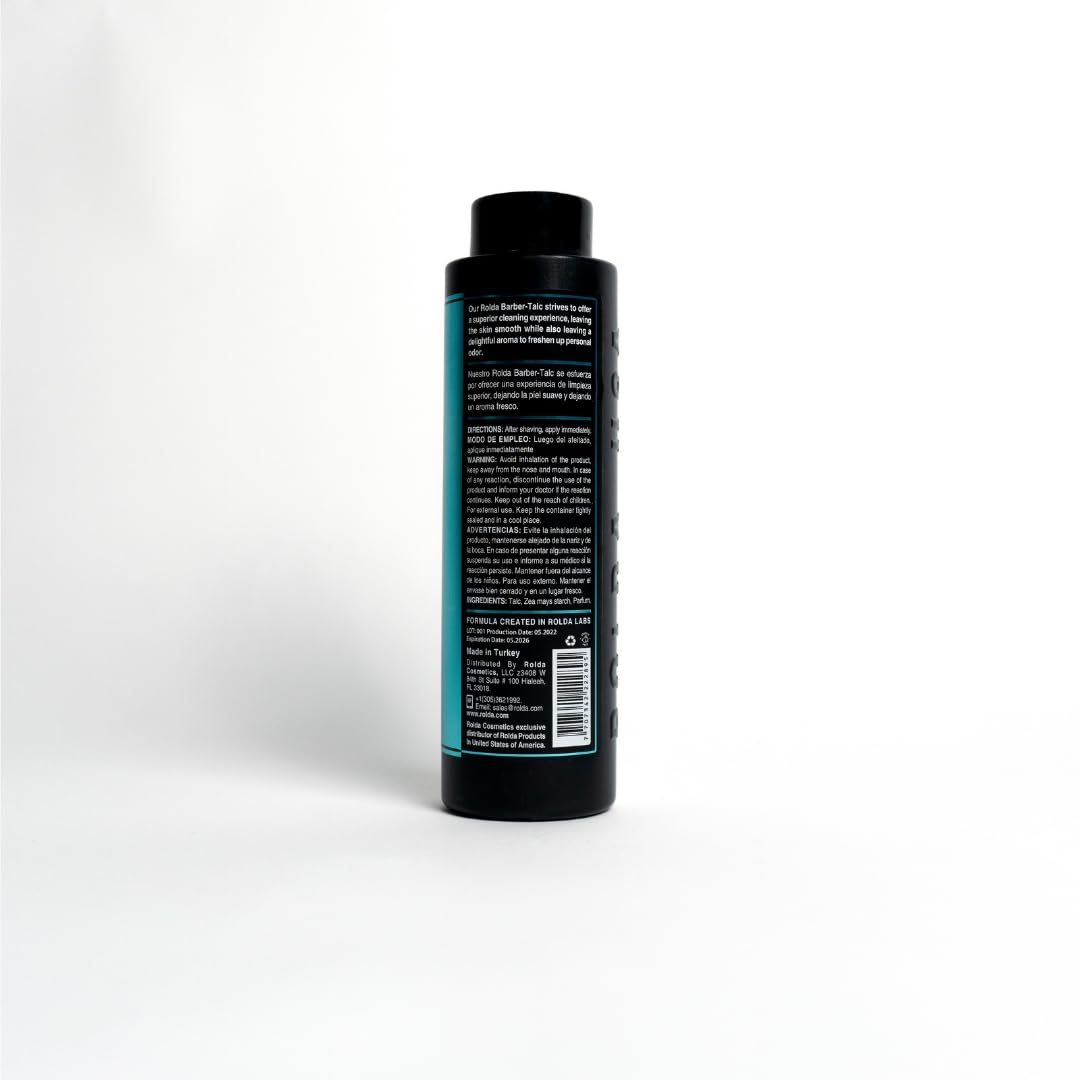Rolda talc powder bottle and label highlighting cruelty-free claim
