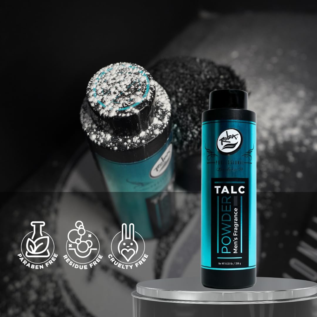 Rolda talc powder packaging display showing fine texture and paraben-free claim