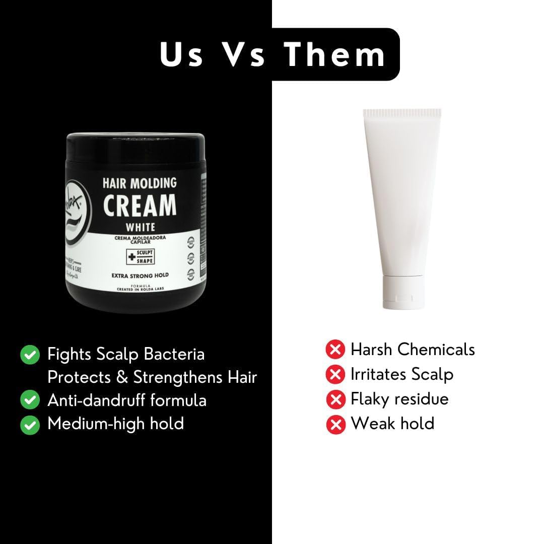 Rolda White Molding Hair Cream anti-frizz formula smooths flyaways.