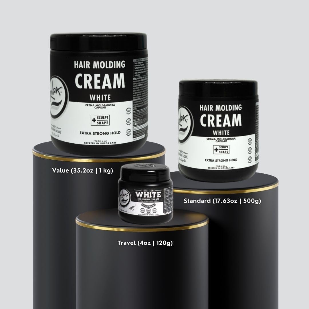 Rolda White Molding Hair Cream in barber-shop scene suggests professional-grade styling.