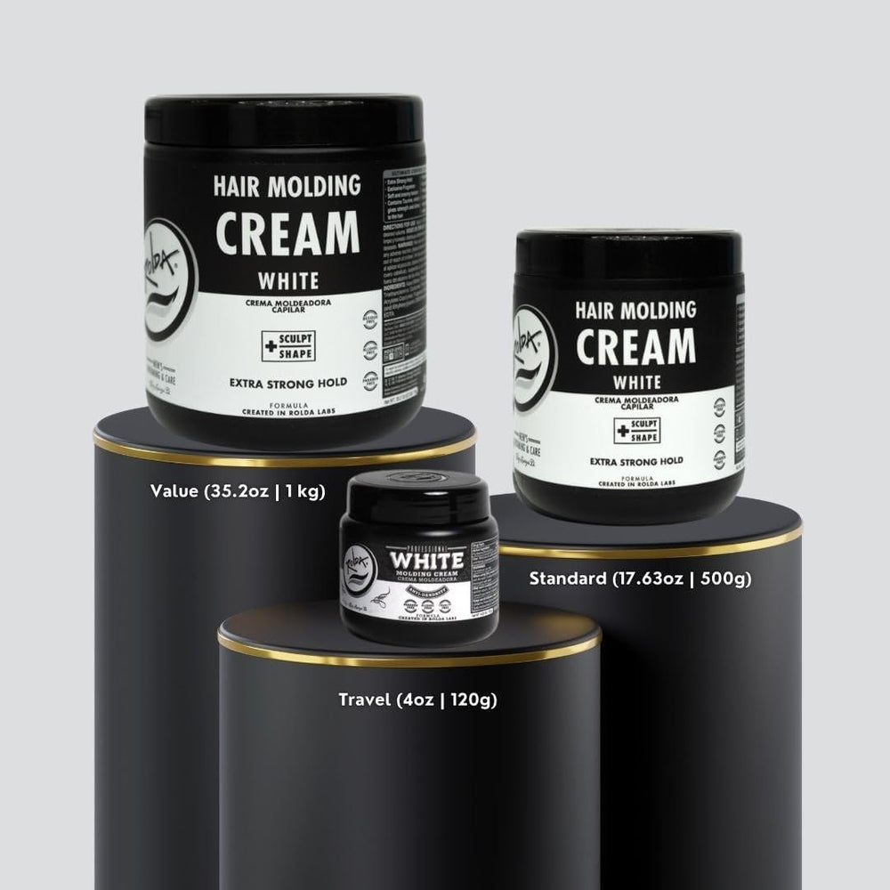 Rolda White Molding Hair Cream in barber-shop scene suggests professional-grade styling.