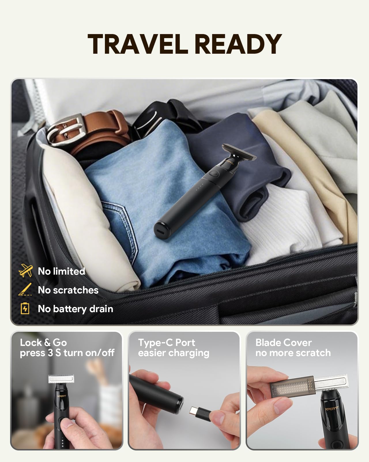 Roleader Xpert T styling shaver magnetic heads with 0mm and 3mm guards in action