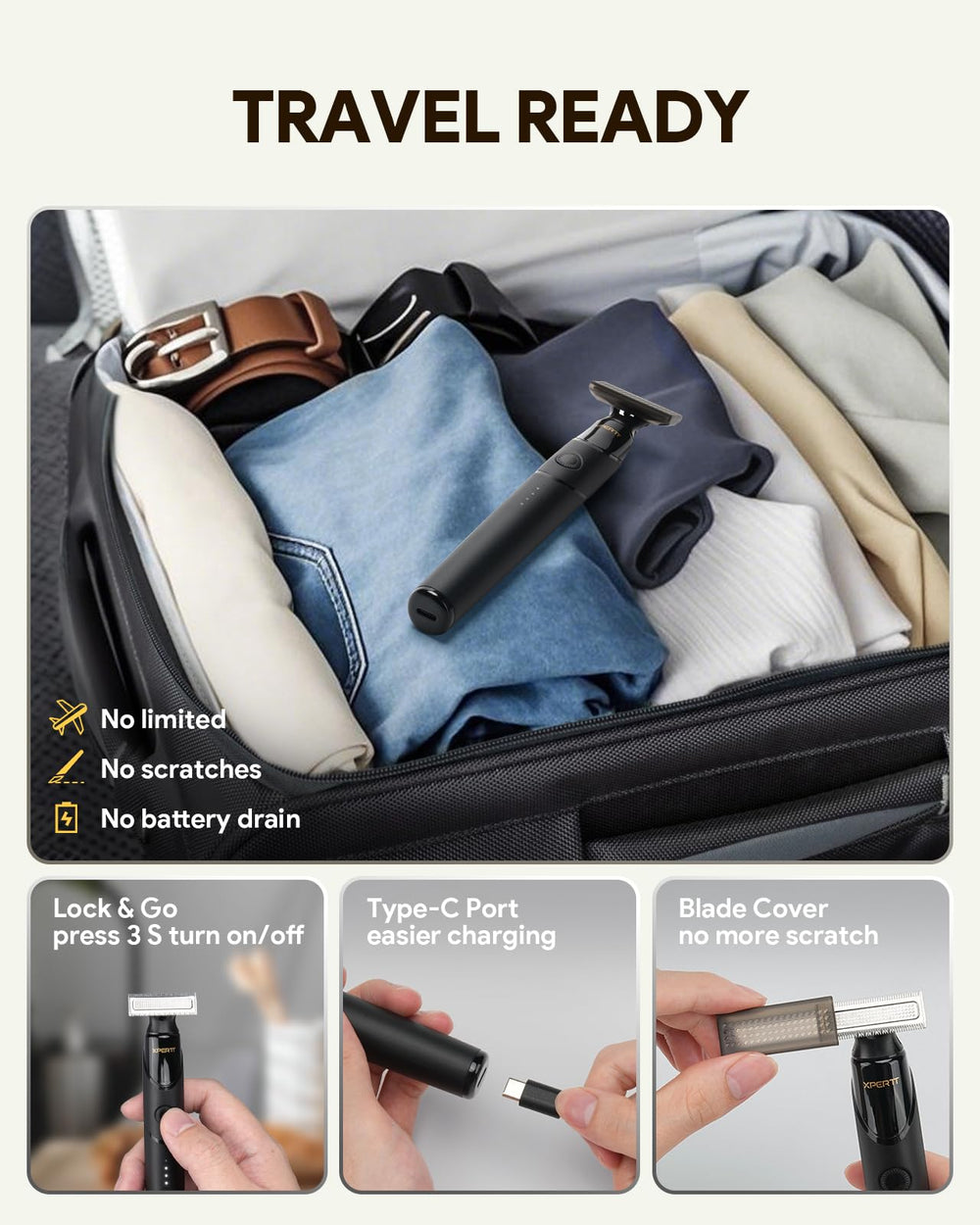 Roleader Xpert T styling shaver magnetic heads with 0mm and 3mm guards in action