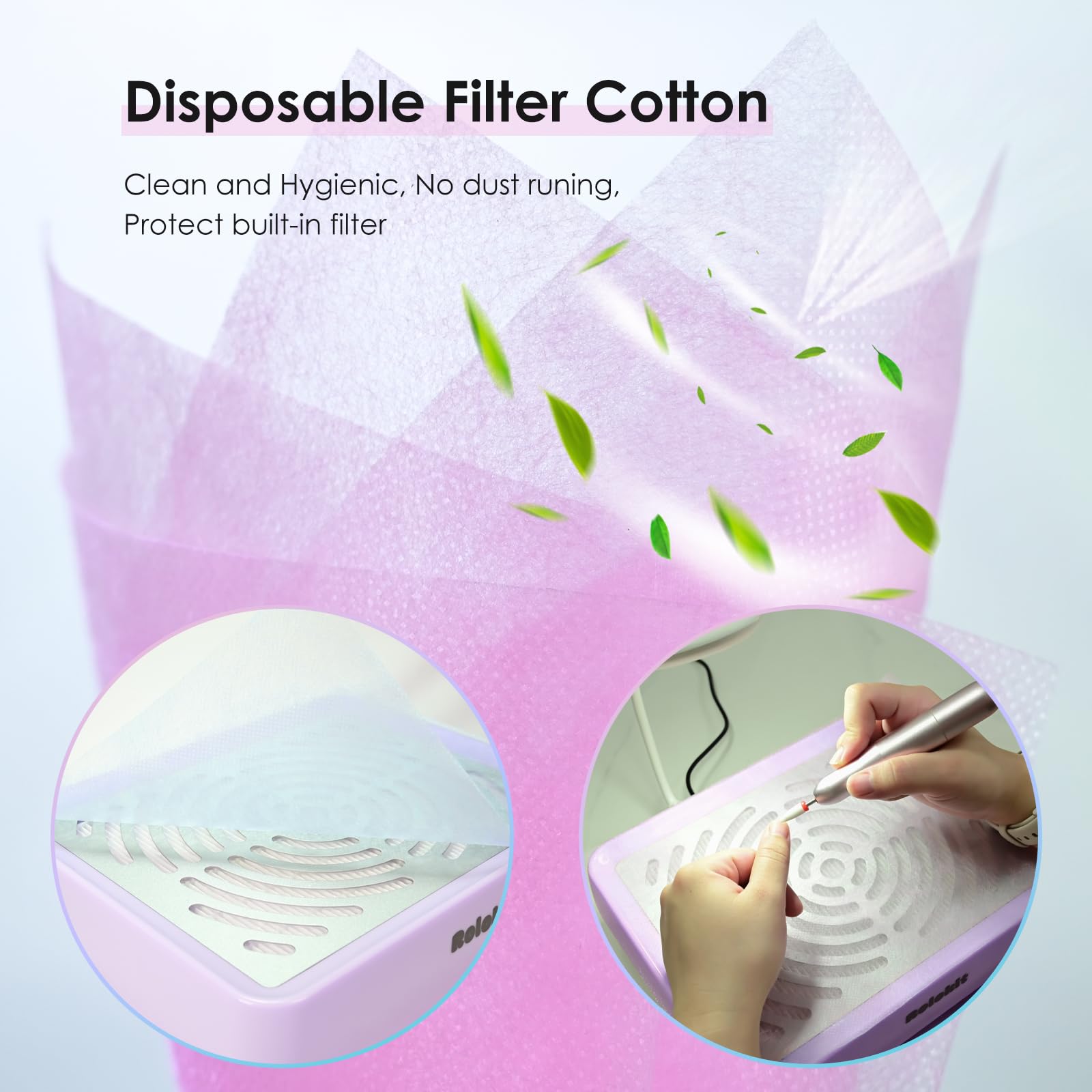 Rolokit nail-art in action illustrates efficient dust extraction during gel and acrylic work.