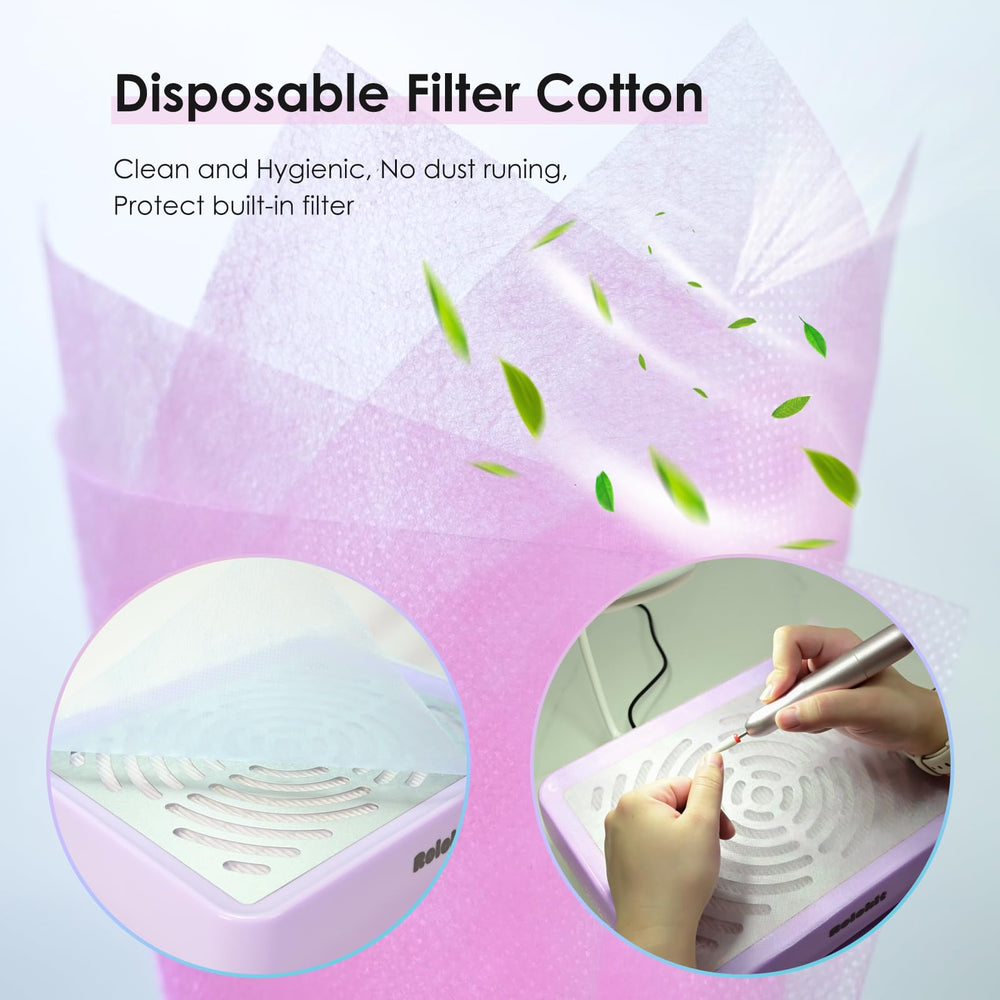 Rolokit nail-art in action illustrates efficient dust extraction during gel and acrylic work.