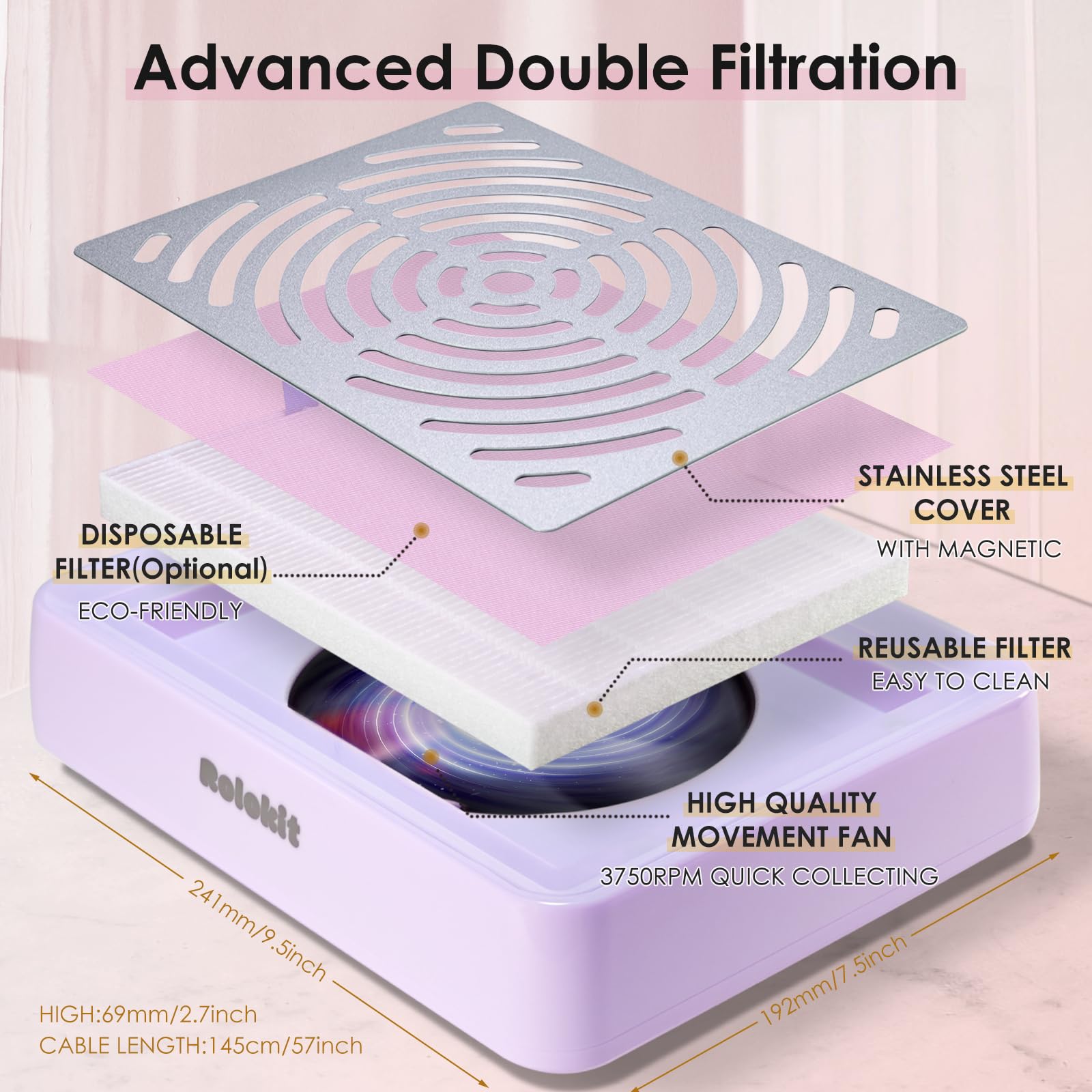 Rolokit nail dust collector compact design fits small desks and studios.