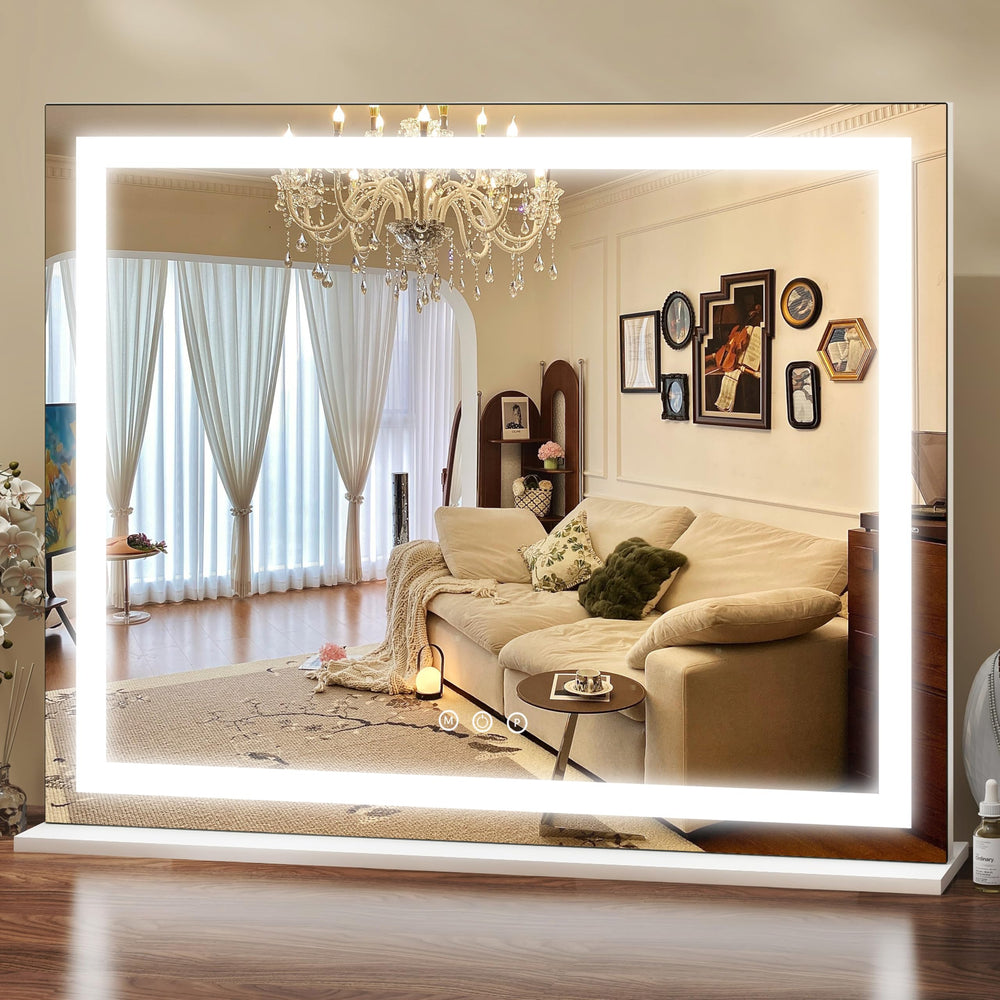 ROLOVE vanity mirror full view shows expansive framing for detailed makeup