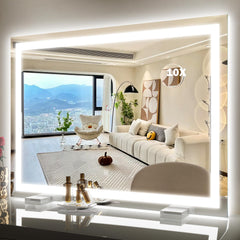 ROLOVE 38x28 mirror, front view with expansive surface for precise makeup application.