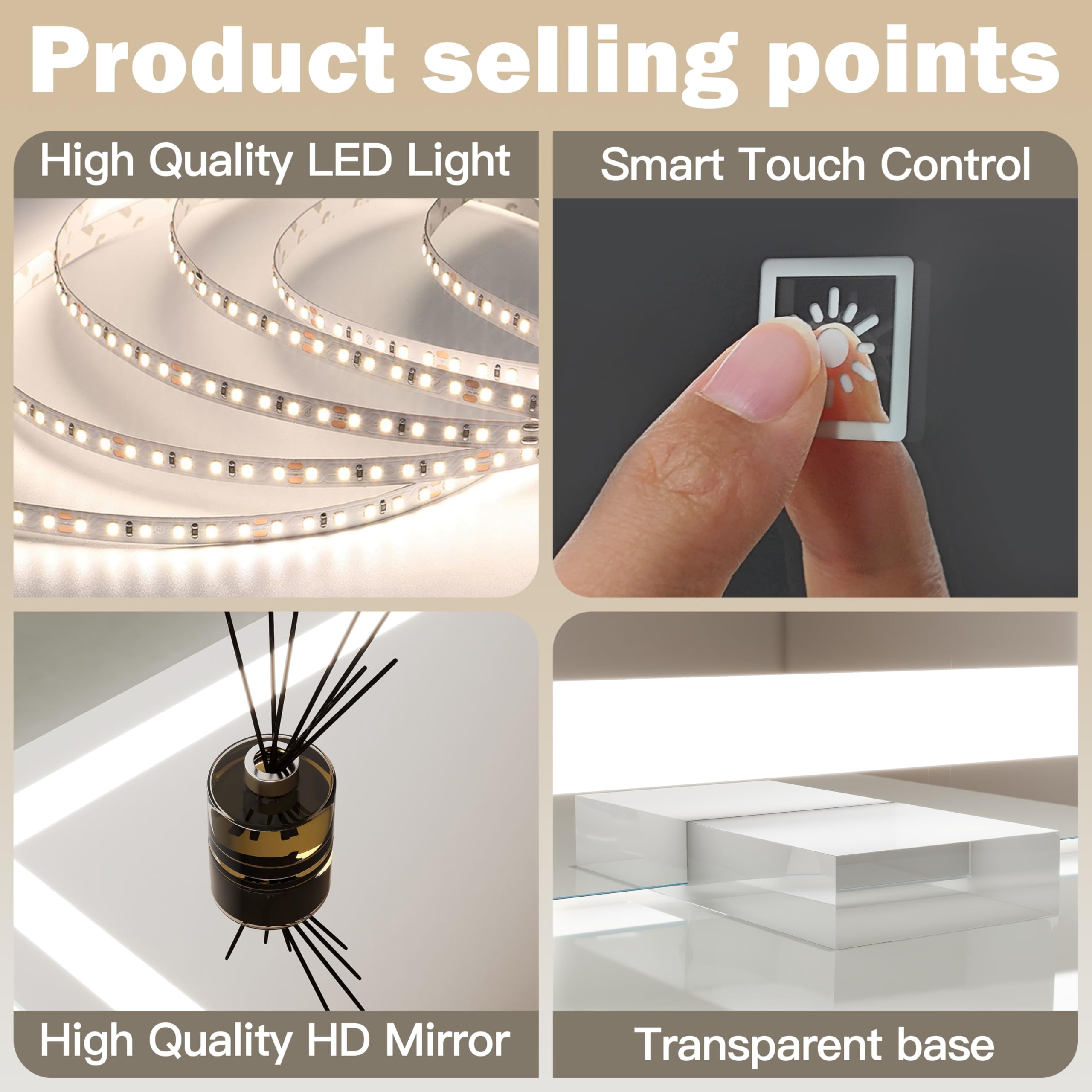 ROLOVE 38x28 mirror detachable base enables desk or table setup.