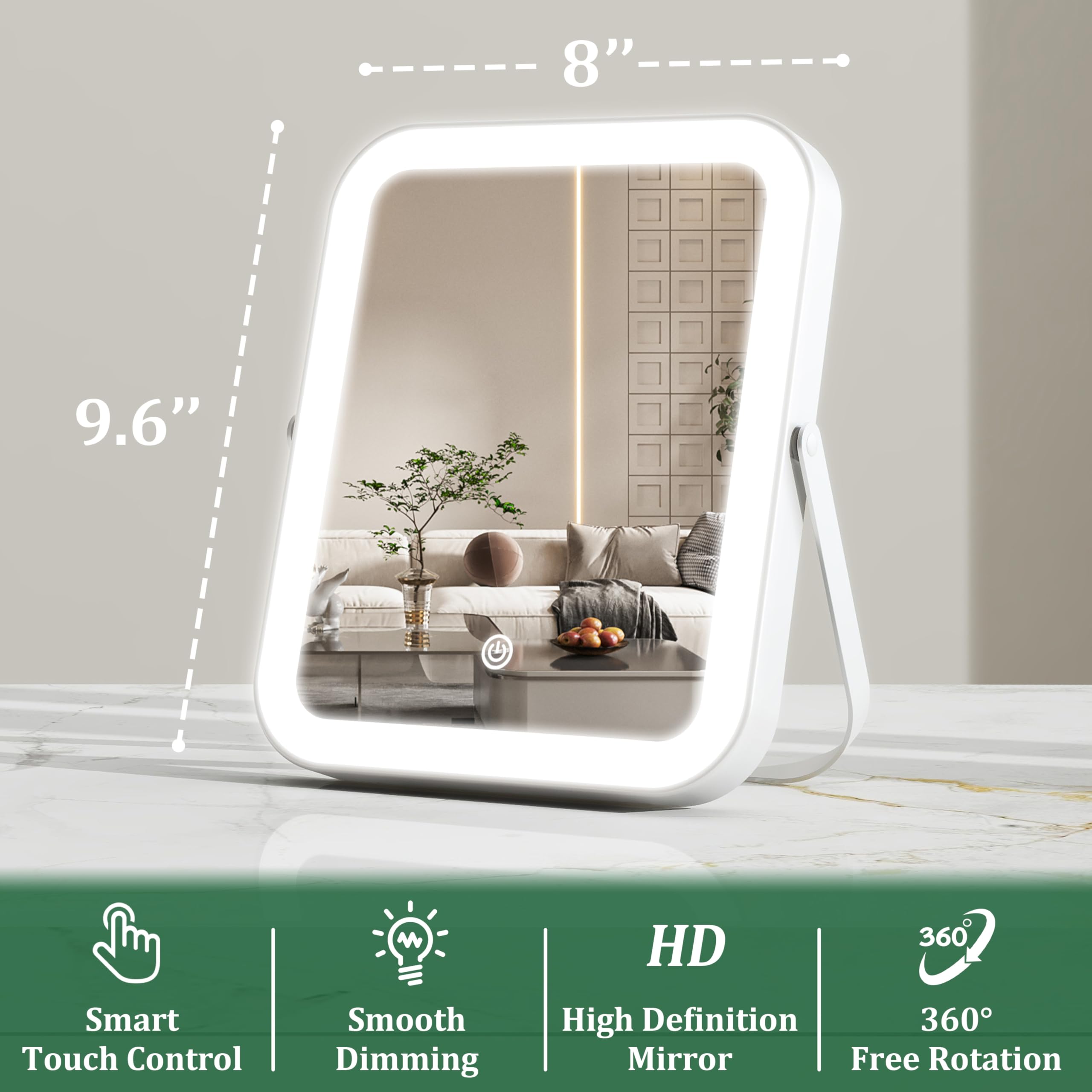 ROLOVE vanity mirror side angle shows compact profile for on-the-go grooming