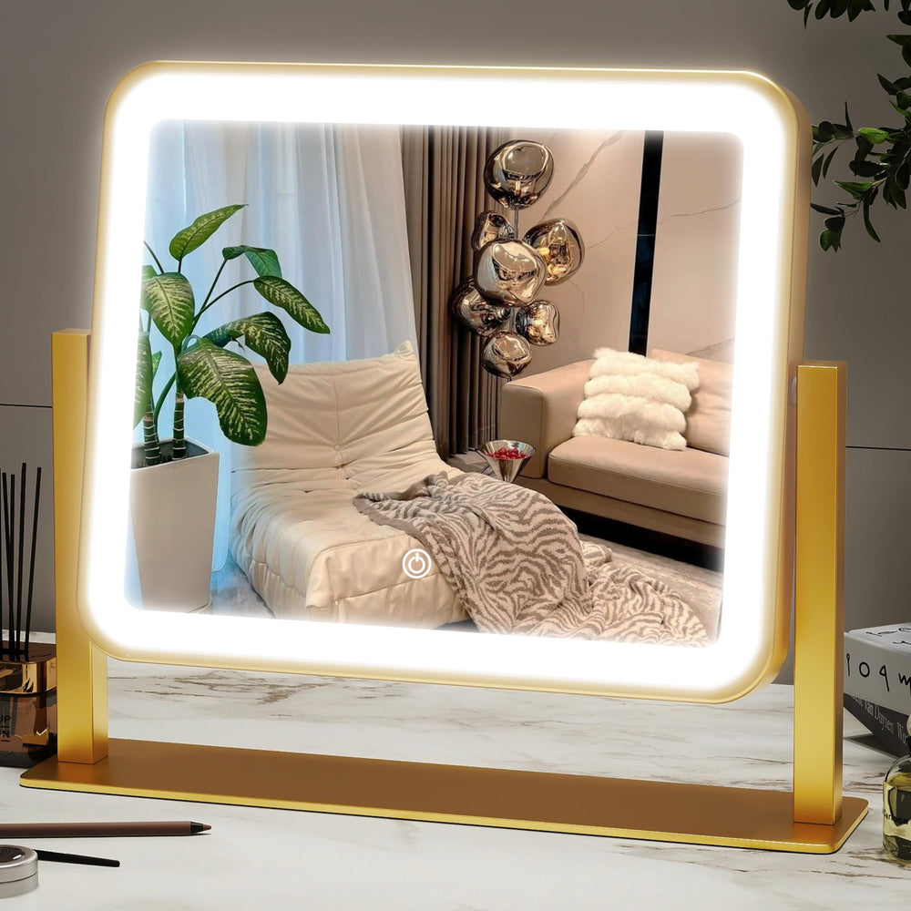ROLOVE Gold lighted makeup mirror front view with even lighting for precise makeup application
