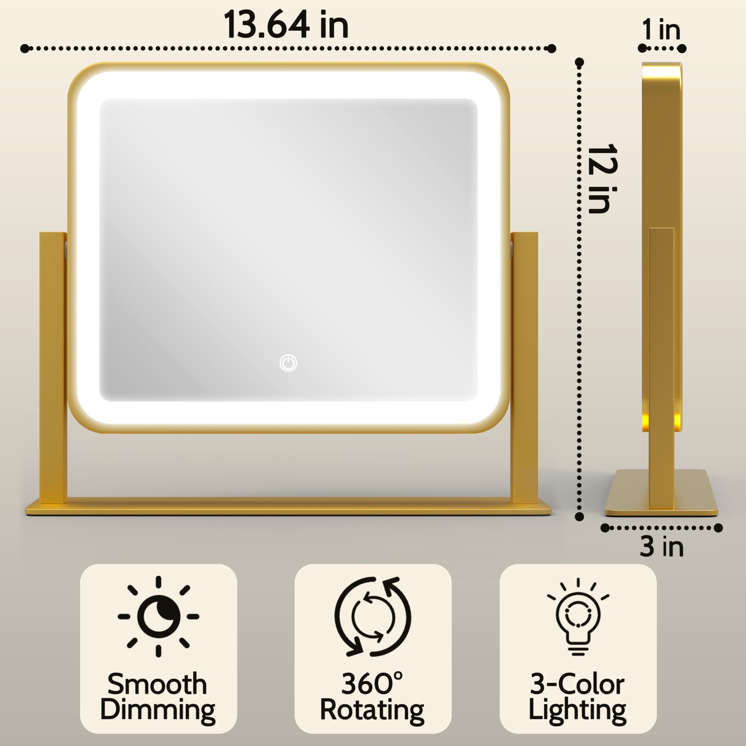 ROLOVE Gold lighted makeup mirror side angle showing 360-degree rotation for adjustable angles