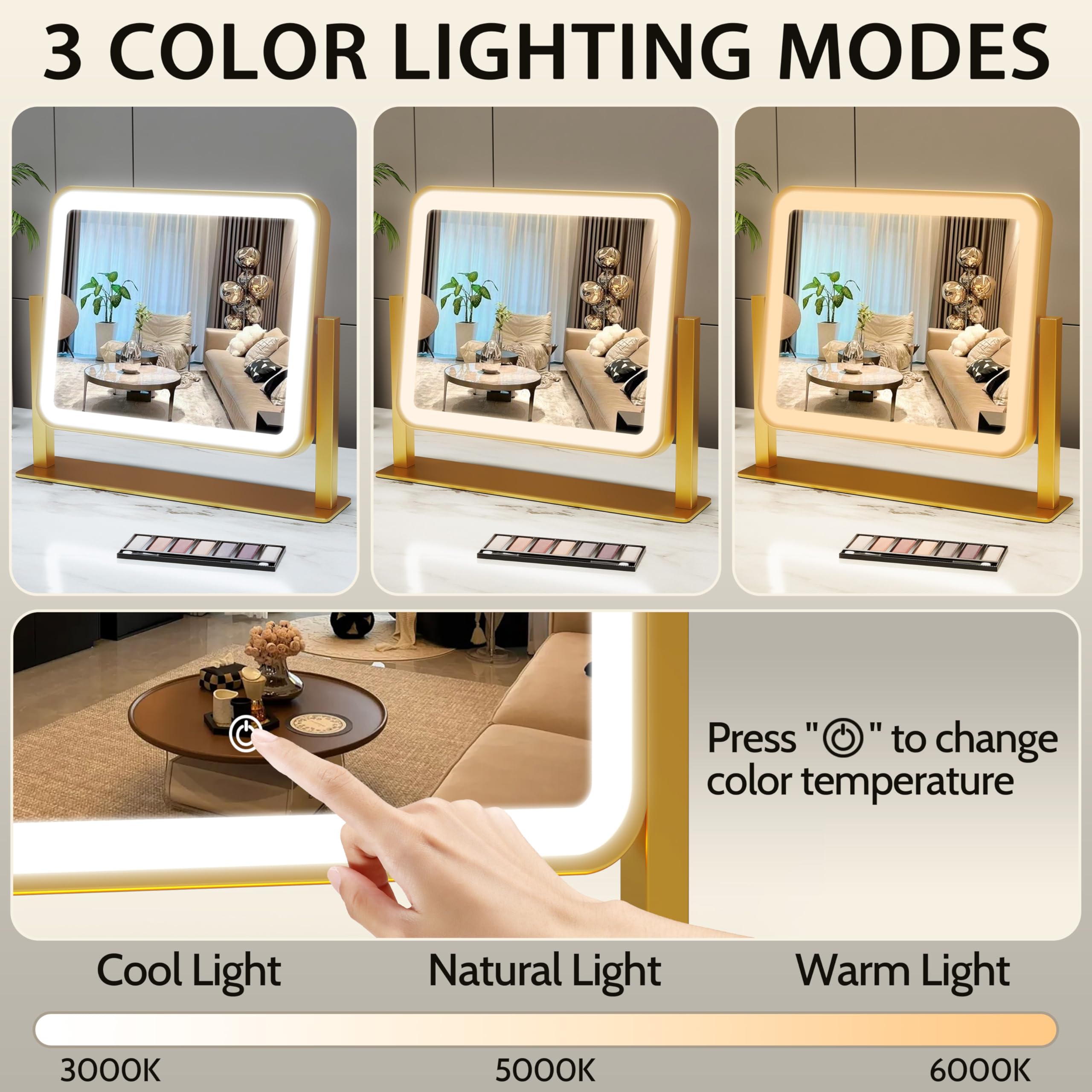ROLOVE Gold lighted makeup mirror natural lighting mode ideal for skincare routines