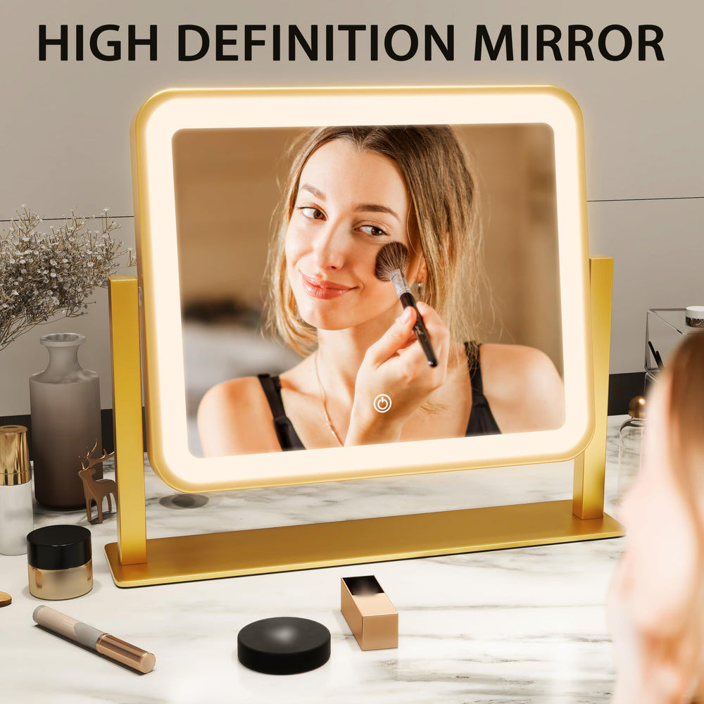 ROLOVE Gold lighted makeup mirror 360-degree rotation for versatile desk or bedside use