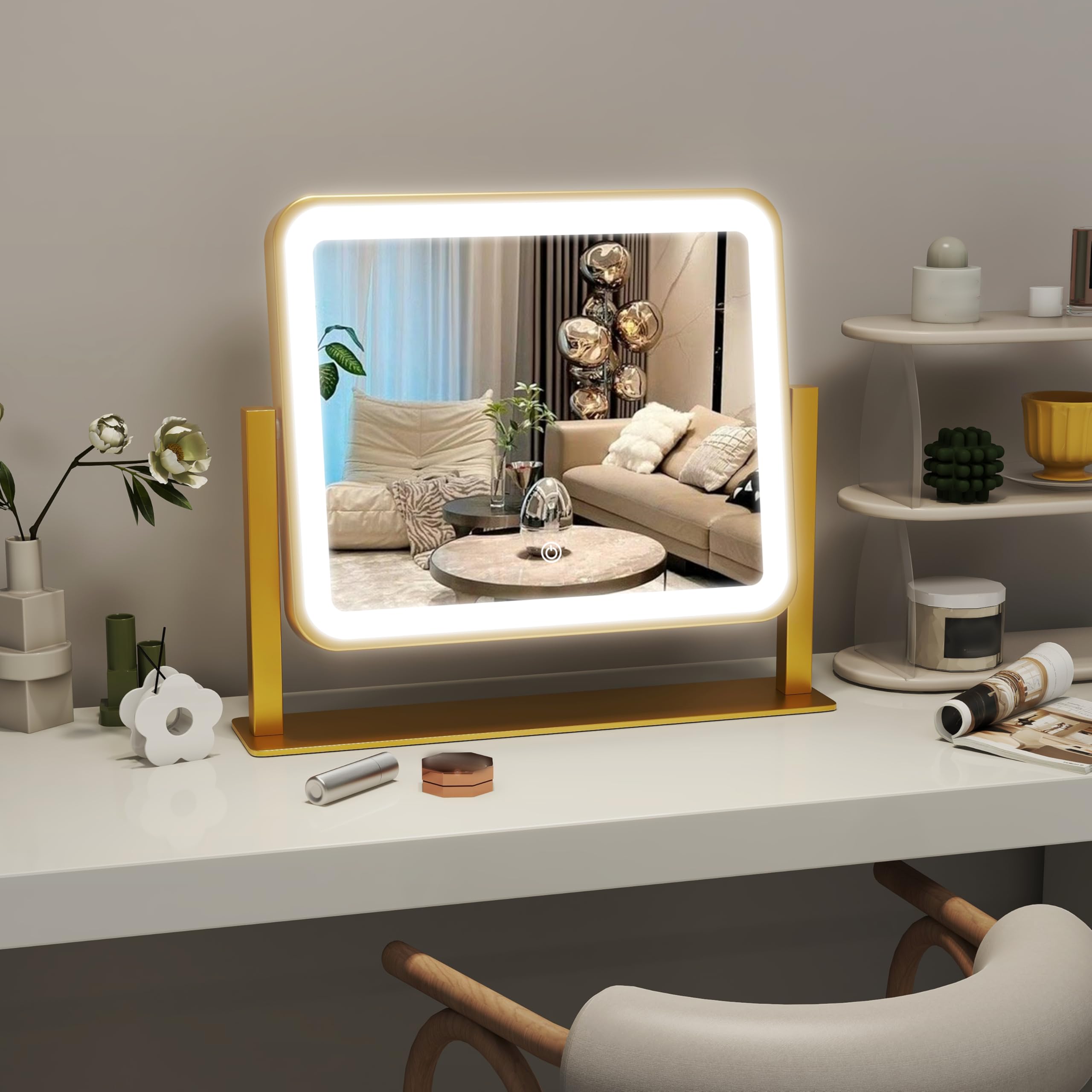 ROLOVE Gold lighted makeup mirror sturdy aluminum frame with non-slip base for stable use
