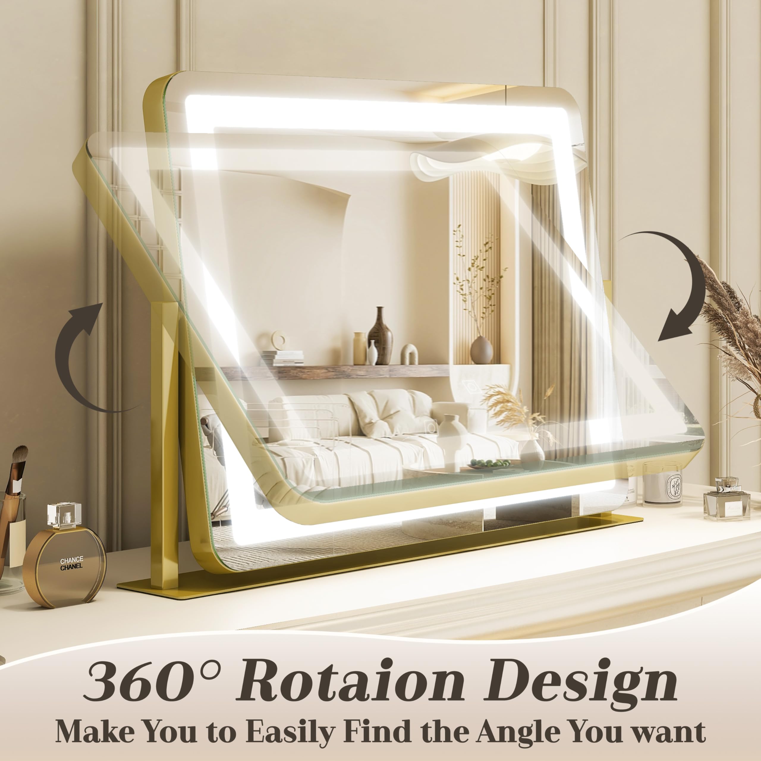 ROLOVE Gold Vanity Mirror with 3-color lighting supports warm, neutral, and cool tones.