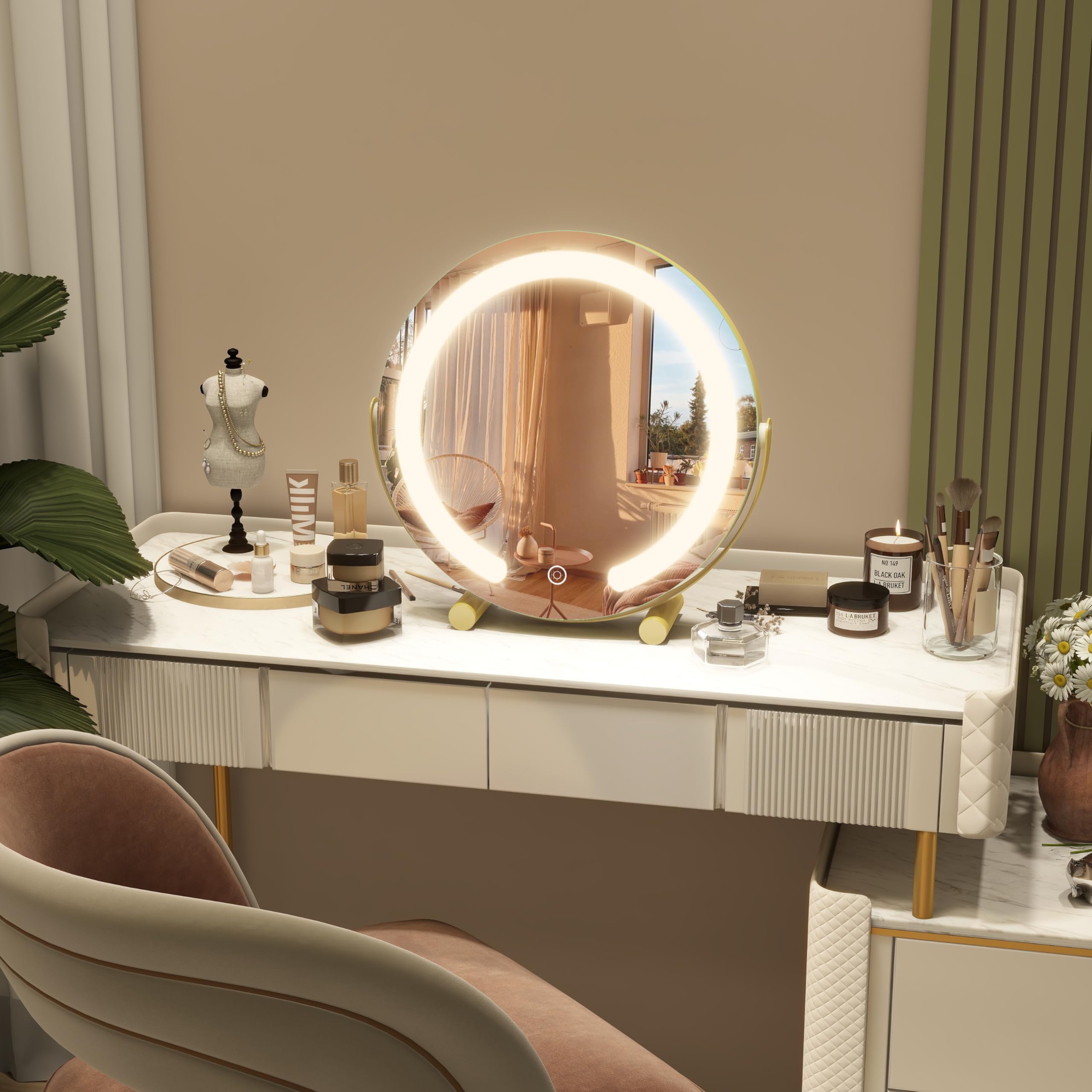 ROLOVE Gold Vanity Mirror rotated to show 360-degree angle versatility.
