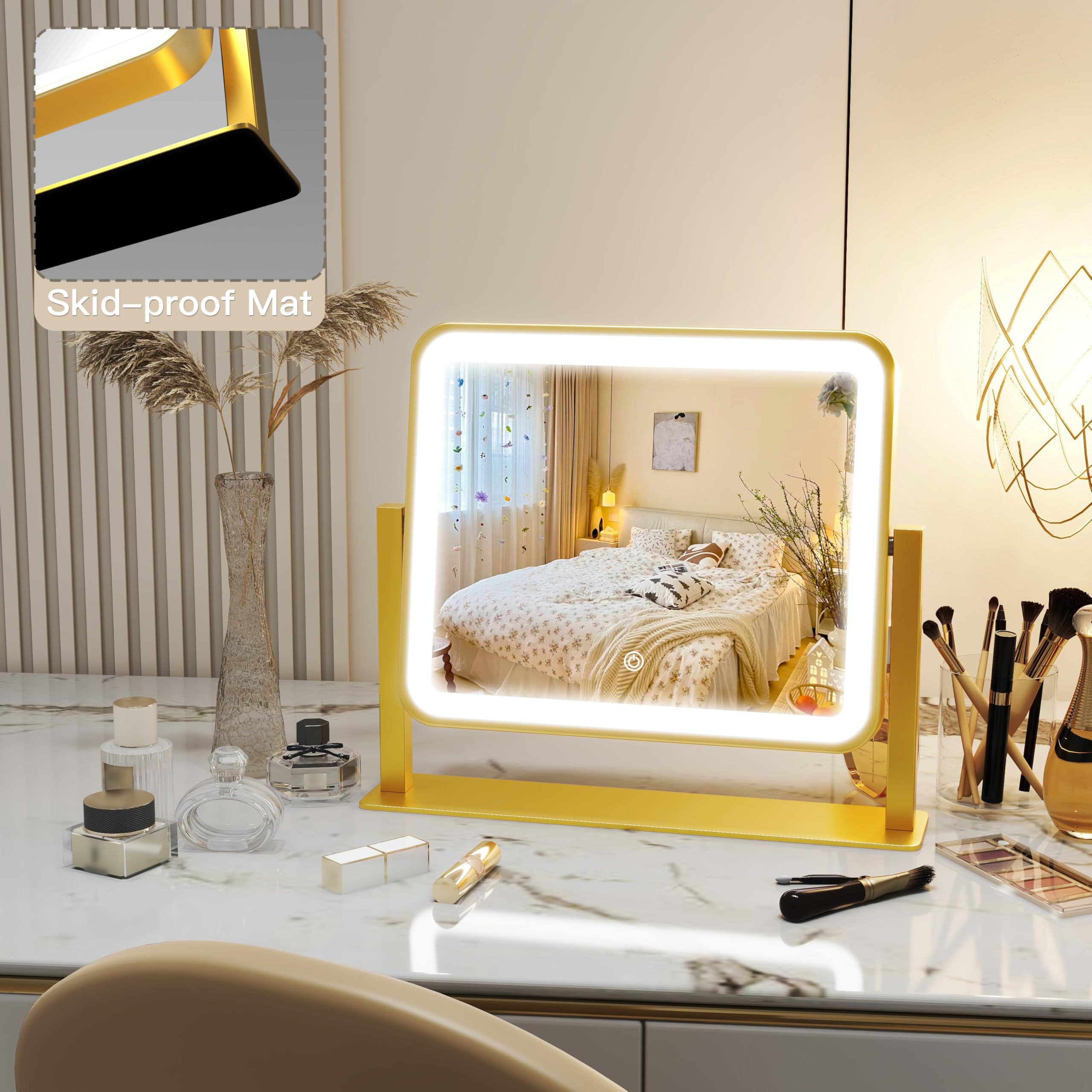 ROLOVE gold vanity mirror rotated 360 degrees for multi angle checks.